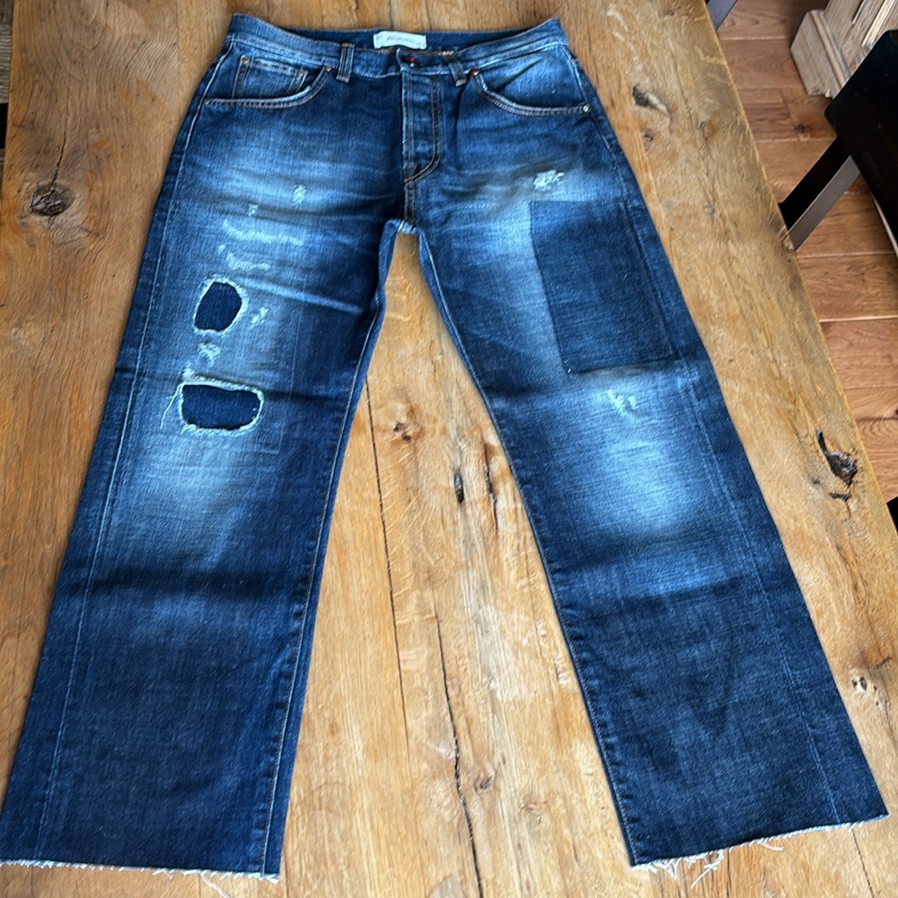 AGLINI Cropped Jeans Italian Denim Made in Italy red rhinestone button fly